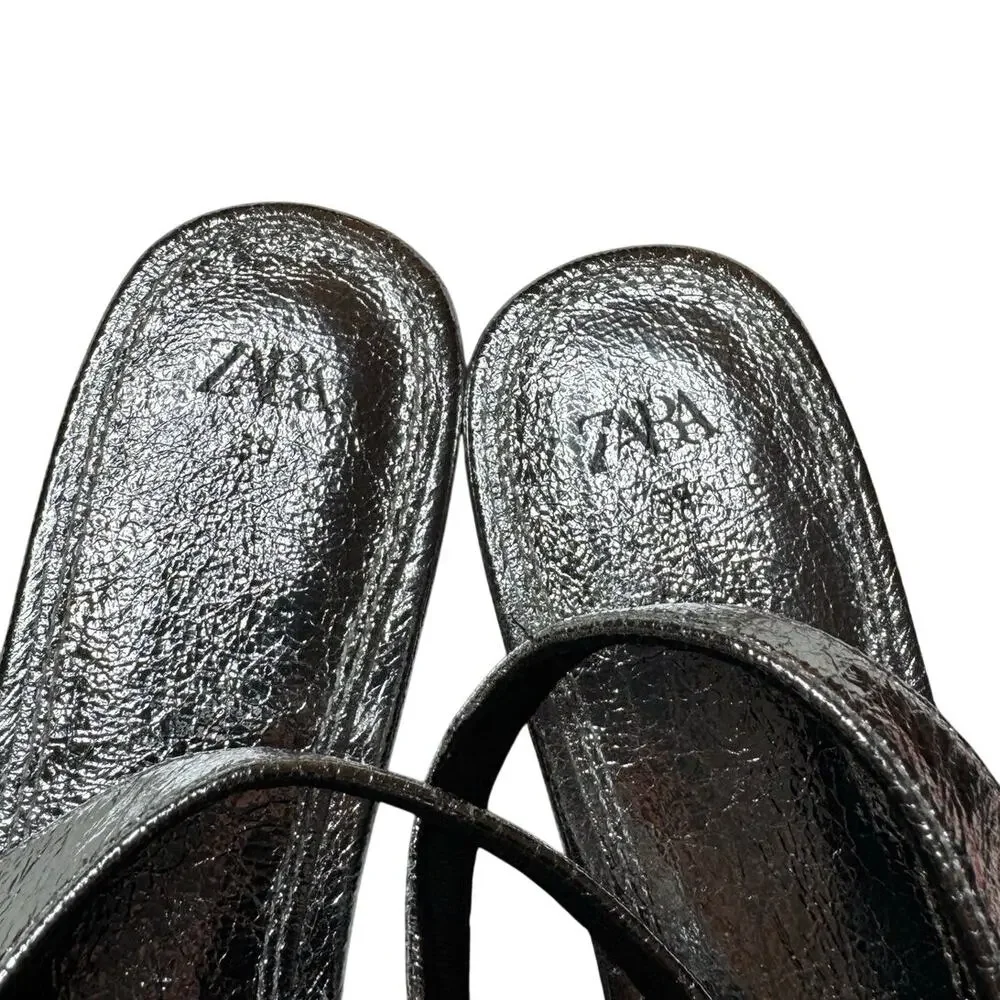 Zara Silver Metallic Mary Jane Slingback Ballet Flats Size 39/8 - Picture 8 of 12